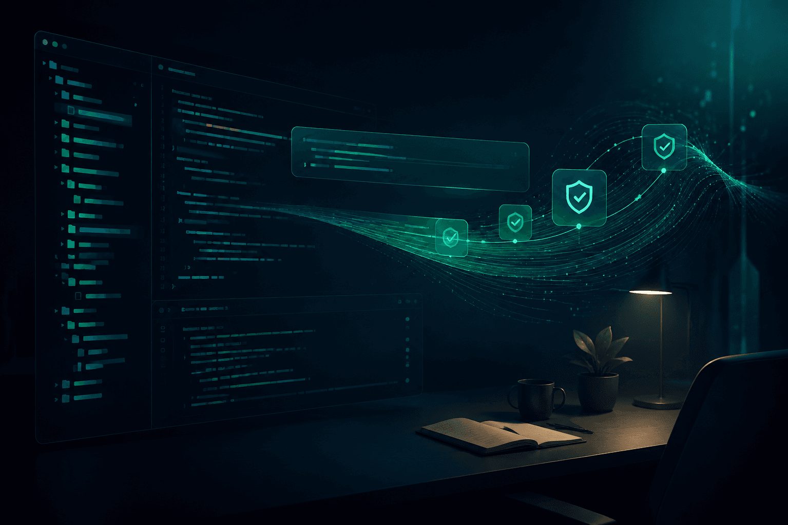 Codex、API 密钥和生产代码安全 的抽象技术工作流插画